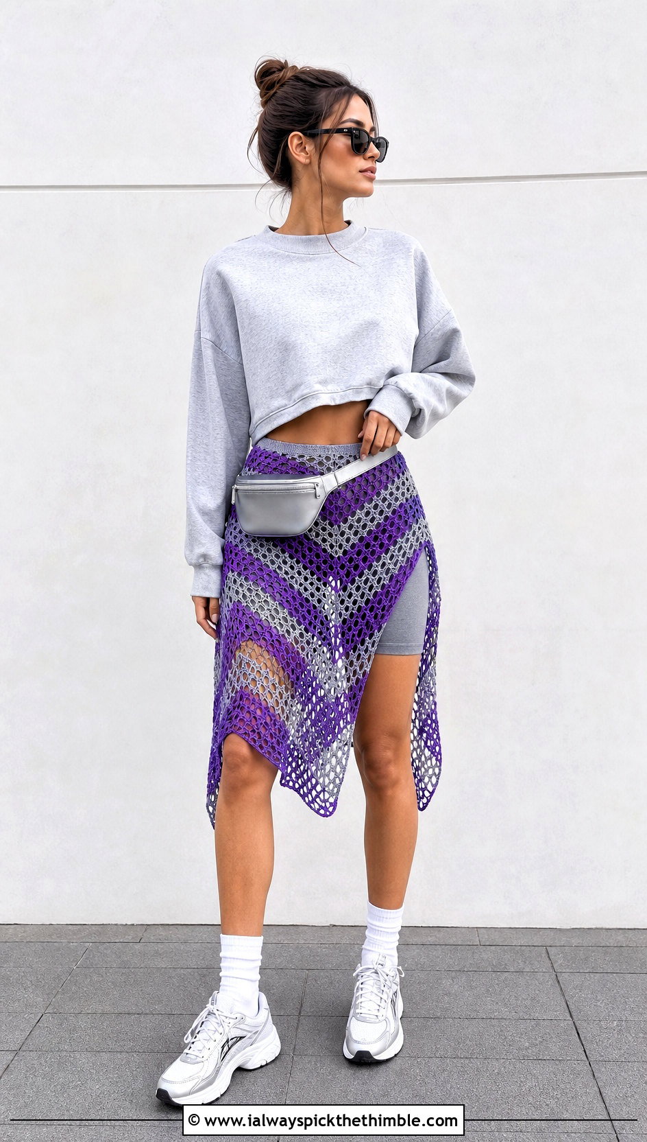 Chevron Mesh Skirt With Sporty Sweatshirt - 15 crochet zigzag skirt outfit ideas