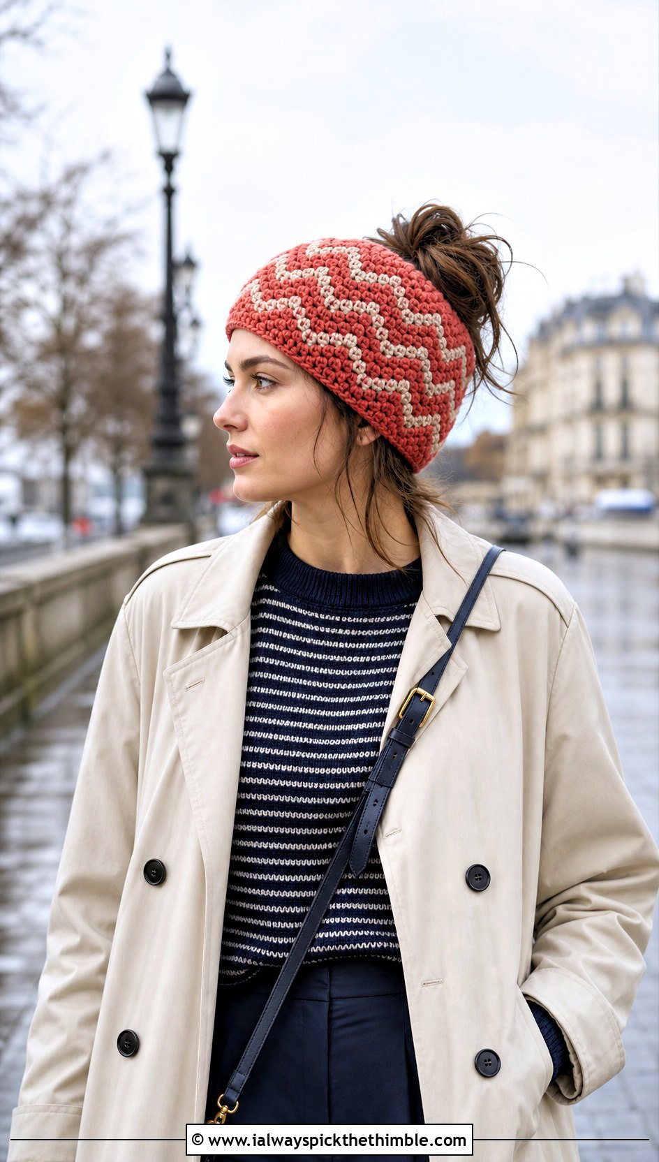 Chevron Messy Bun Crochet Hat With Trench Coat - 25 crochet messy bun hat outfit ideas