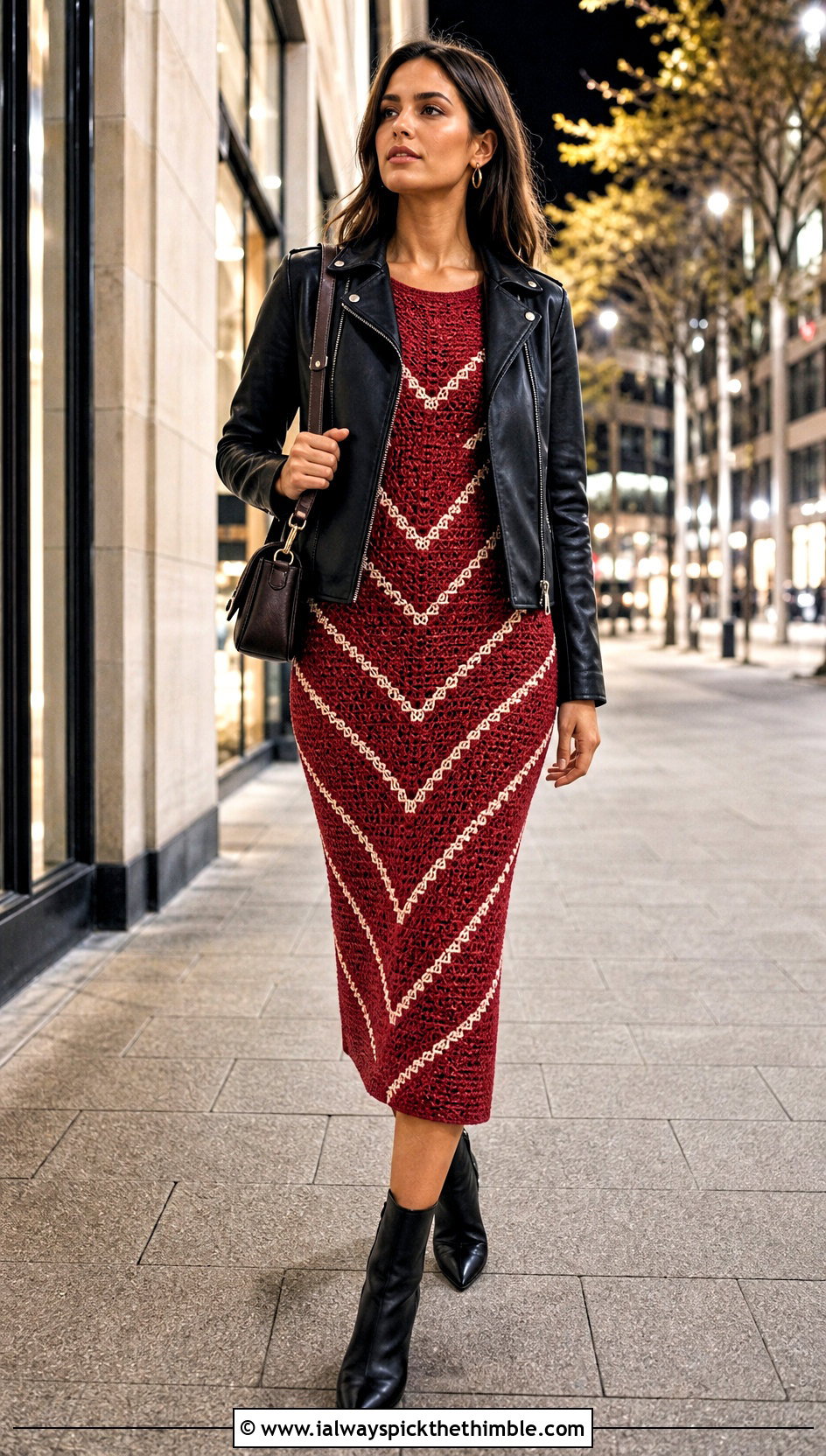 Chevron Midi Crochet Bodycon Dress With Moto Jacket - 25 crochet bodycon dresses outfit ideas