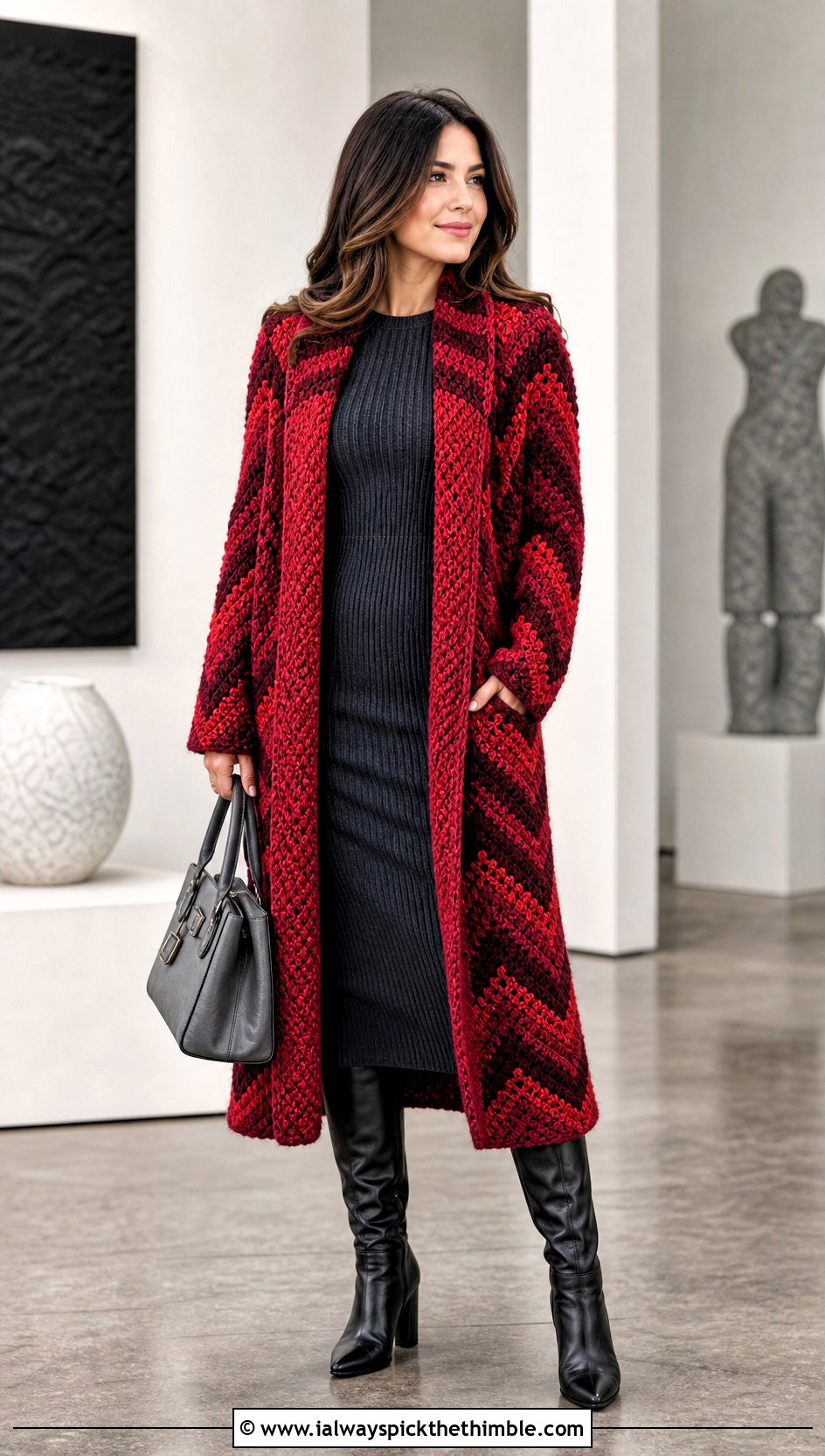 Chevron Midi Crochet Coat With Knit Dress - 20 crochet coat ideas