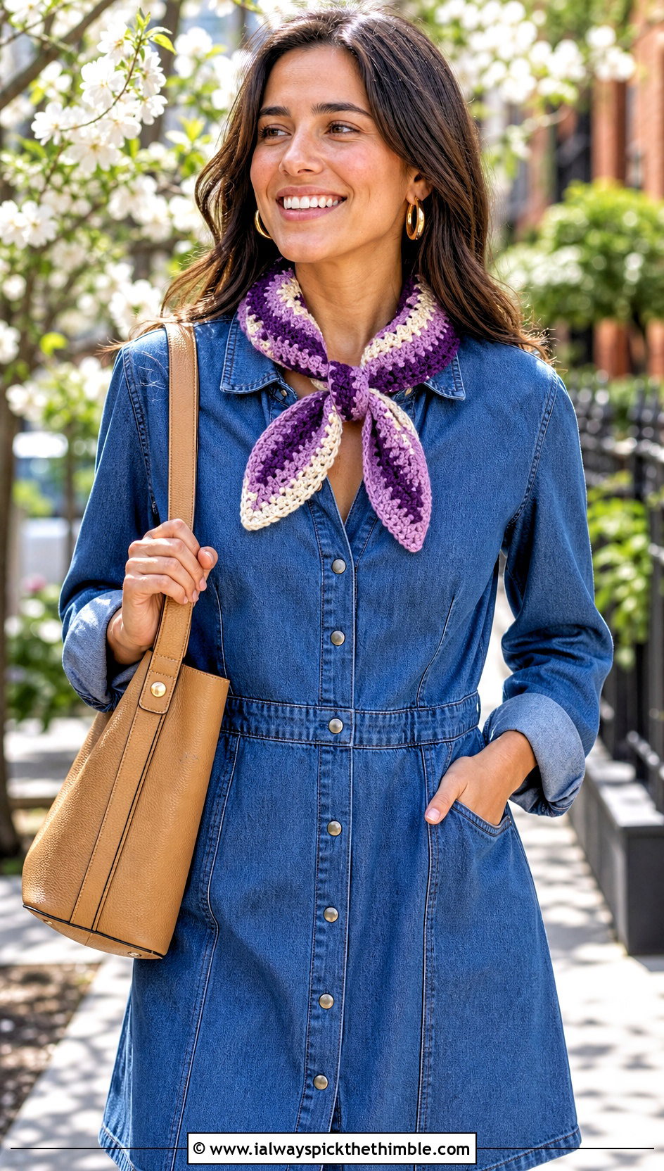 Chevron Mini Crochet Scarf With Denim Dress - 25 small crochet scarf outfit ideas