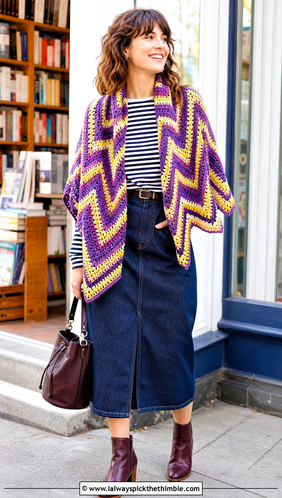 Chevron Mosaic Crochet Shawl With Striped Tee And Denim Skirt - 20 mosaic crochet shawl outfit ideas