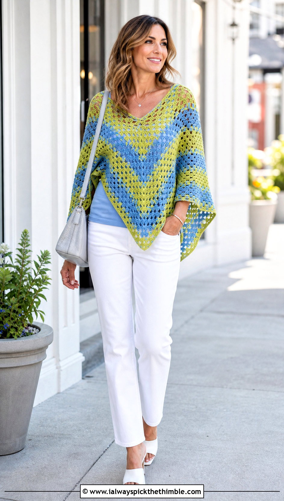 Chevron Mosaic Poncho With White Jeans - 15 Mosaic Crochet Poncho outfit ideas