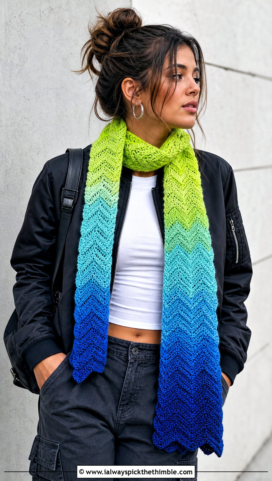 Chevron Ombre Crochet Scarf With Bomber Jacket - 20 Ombre Crochet Scarf outfit ideas