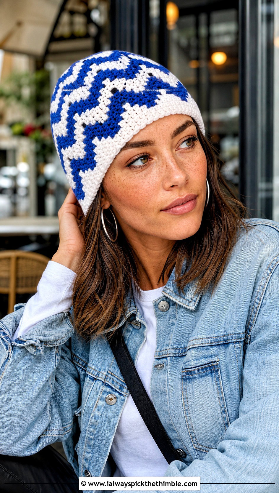 Chevron Overlay Mosaic Crochet Beanie With Denim Jacket - 20 Mosaic Crochet Beanie outfit ideas