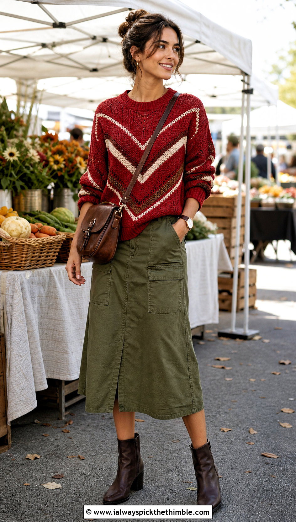 Chevron Panel Sweater With Utility Midi Skirt - 20 crochet panel sweater outfit ideas