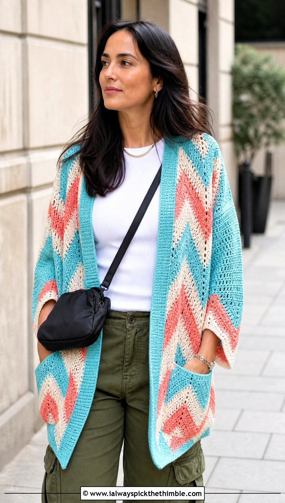 Chevron Pocket Crochet Shawl With Cargo Pants - 15 Pocket Crochet Shawl outfit ideas