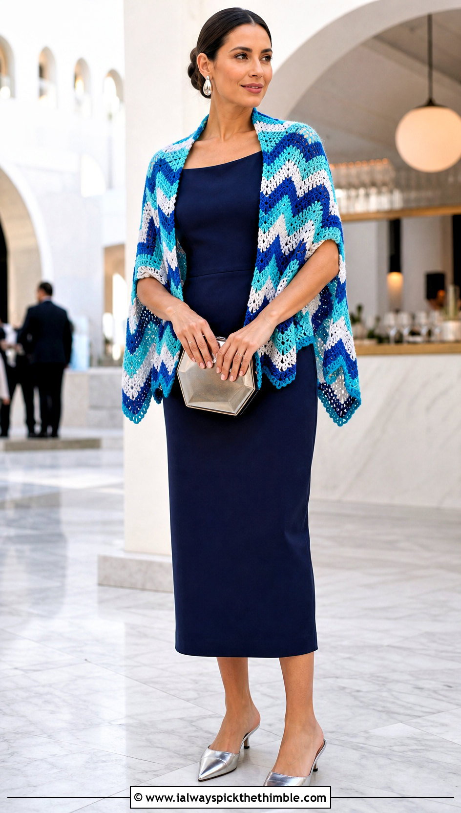 Chevron Rectangular Crochet Shawl With Column Dress - 20 rectangular crochet shawls outfit ideas