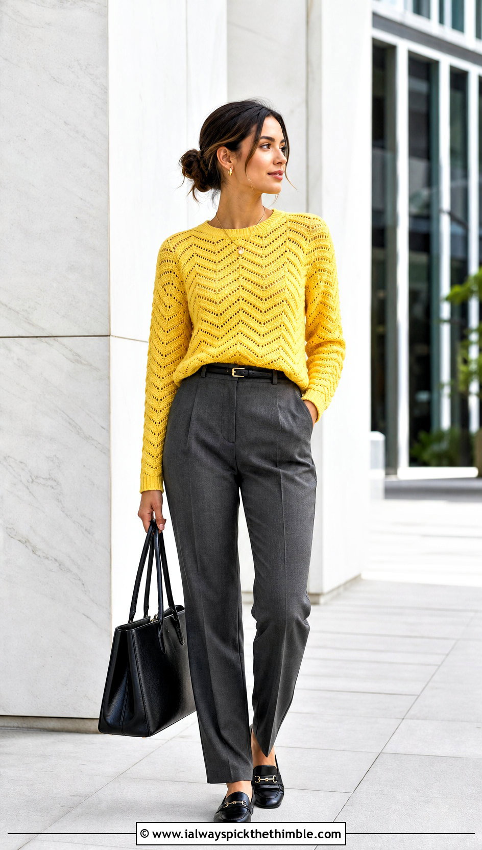 Chevron Ripple Crochet Sweater With Tailored Trousers - 20 Ripple Crochet Sweater outfit ideas