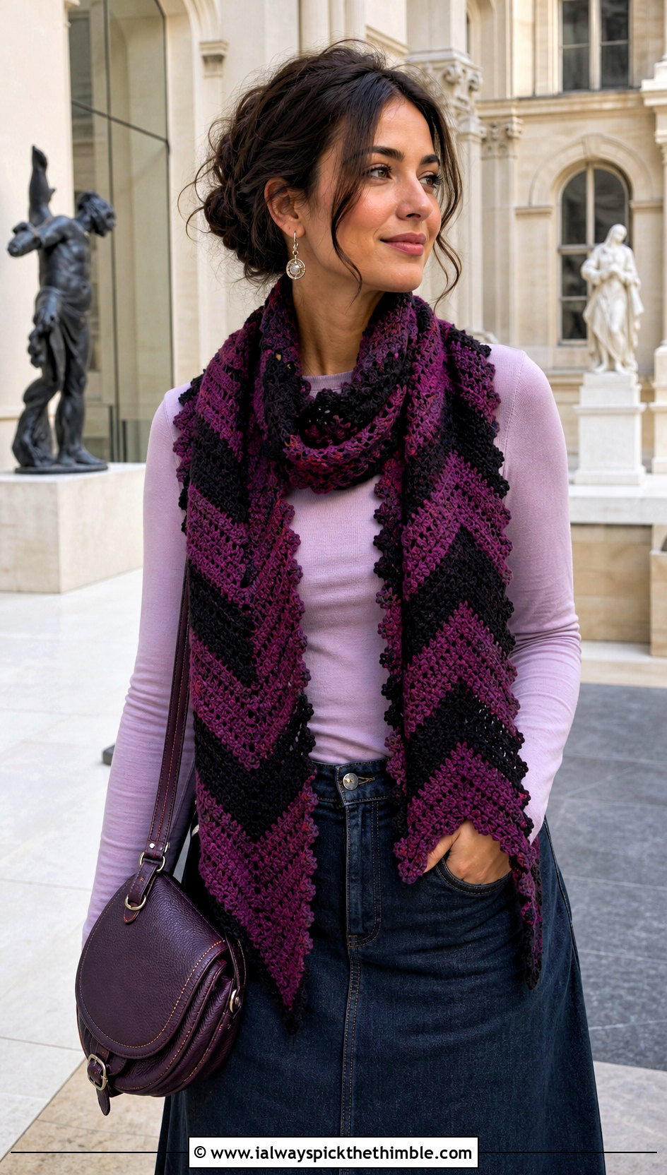 Chevron Sleeved Crochet Scarf With Denim Maxi Skirt - 20 Sleeved Crochet Scarf outfit ideas