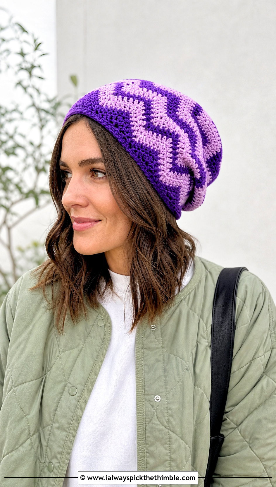 Chevron Slouchy Crochet Beanie With Quilted Jacket - 25 slouchy crochet beanie outfit ideas