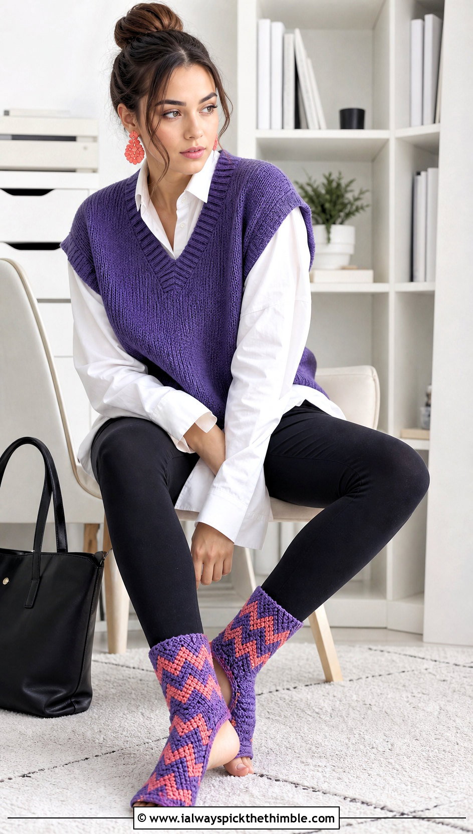 Chevron Stitch Crochet Yoga Socks With A Sweater Vest - 25 crochet yoga socks outfit ideas
