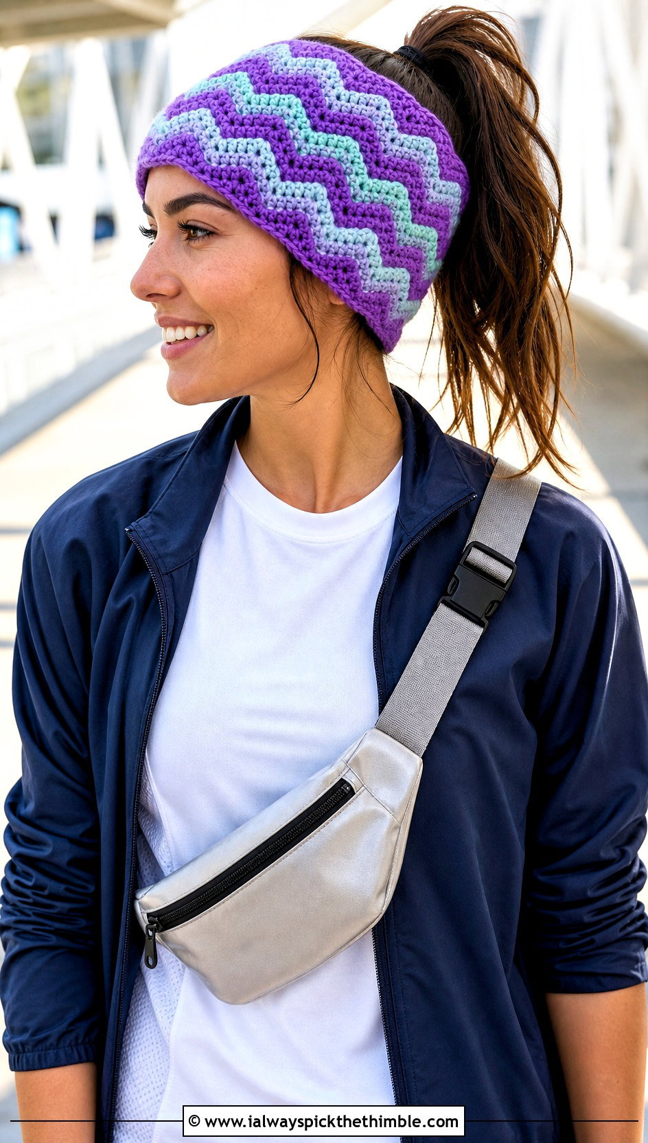 Chevron Stripe Bun Beanie With Track Jacket And Joggers - 25 crochet bun hat outfit ideas