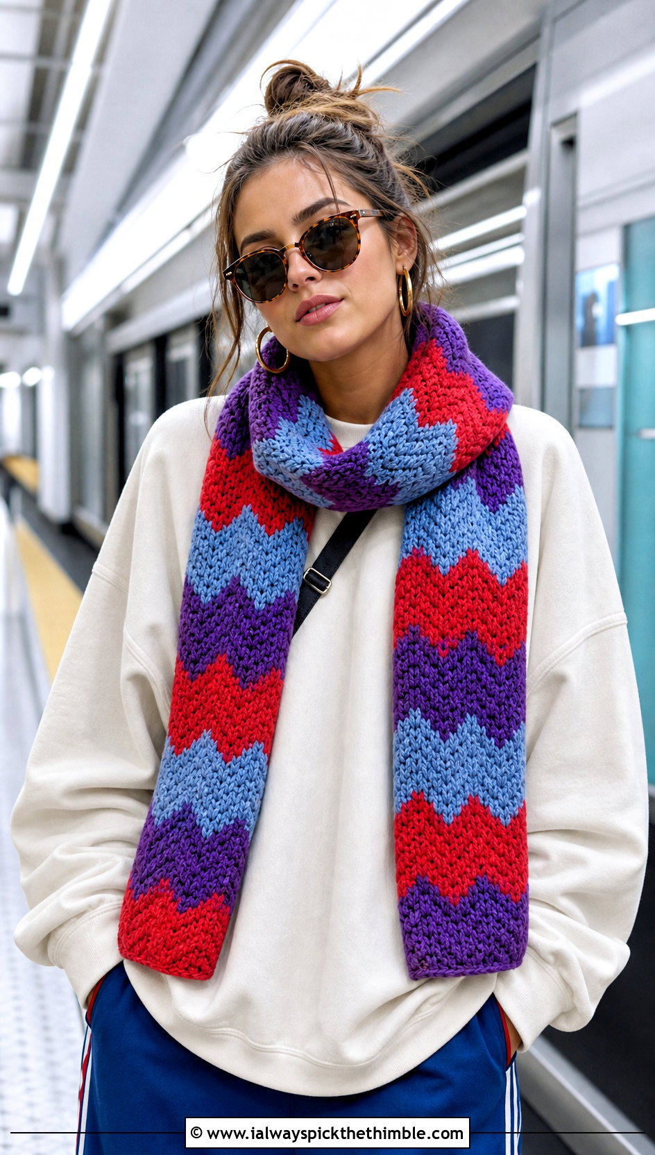 Chevron Stripe Crochet Scarf With Track Pants - 20 Stripe Crochet Scarf outfit ideas