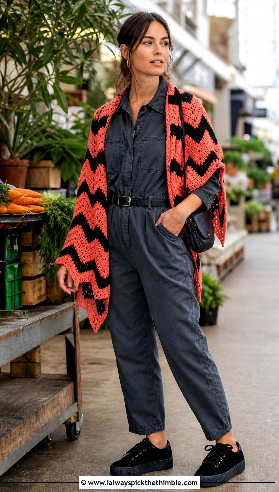 Chevron Stripe Crochet Shawl With Utility Jumpsuit - 20 halloween crochet shawl outfit ideas