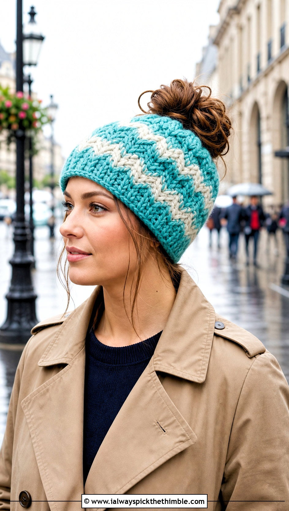 Chevron Stripe Messy Bun Crochet Hat With Trench Coat - 20 Messy Bun Crochet Hat outfit ideas