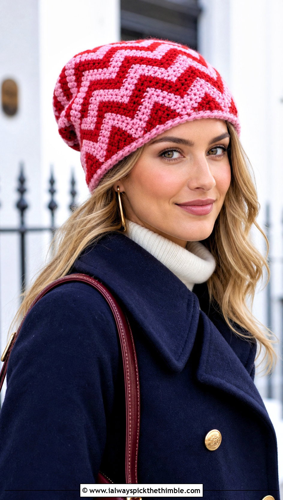 Chevron Stripe Slouchy Crochet Beanie With Wool Peacoat - 15 Striped Slouchy Crochet Beanie outfit ideas