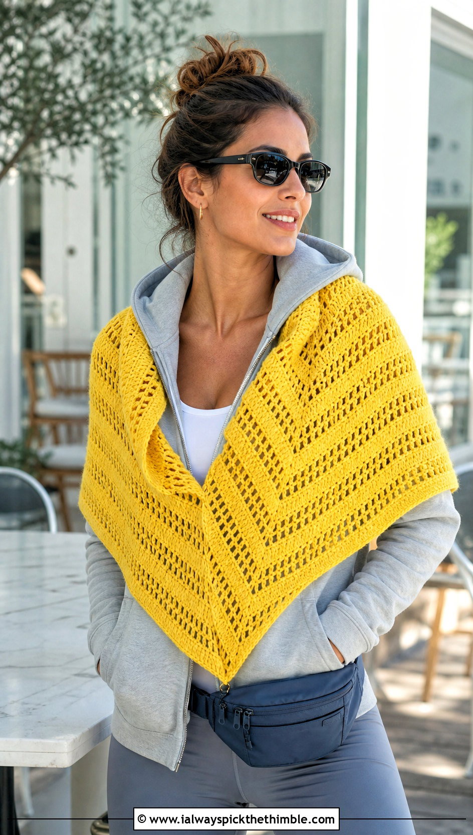 Chevron Stripe V Shaped Crochet Shawl With Athleisure - 15 V Shaped Crochet Shawl outfit ideas
