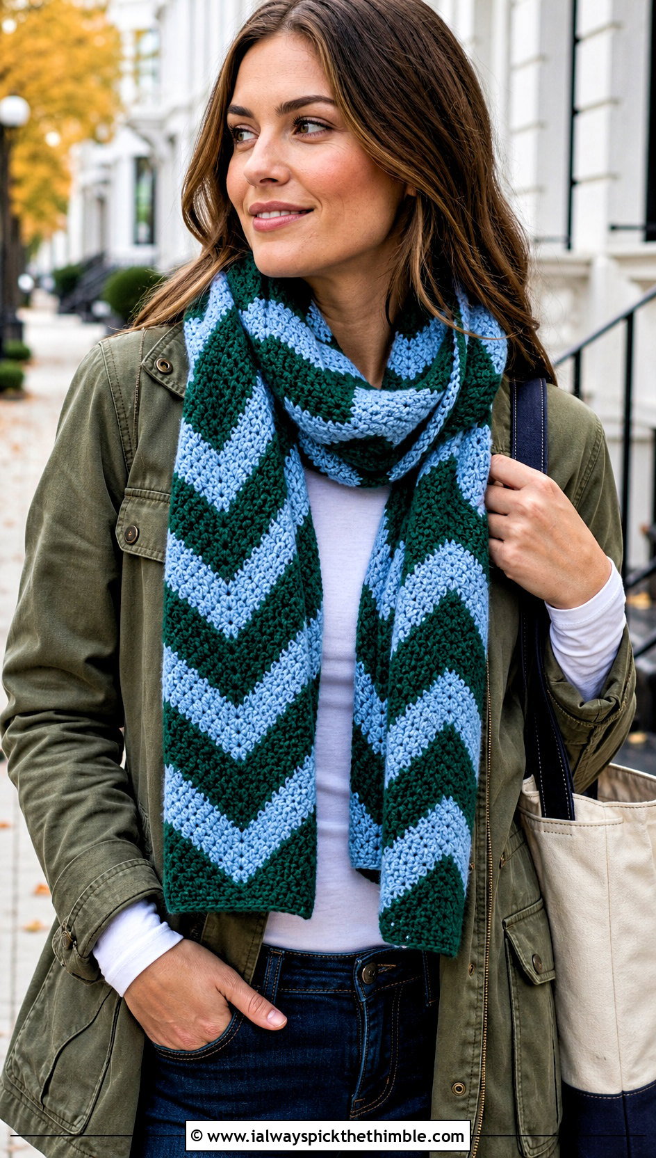 Chevron Striped Crochet Scarf With Utility Jacket - 20 crochet striped scarf outfit ideas