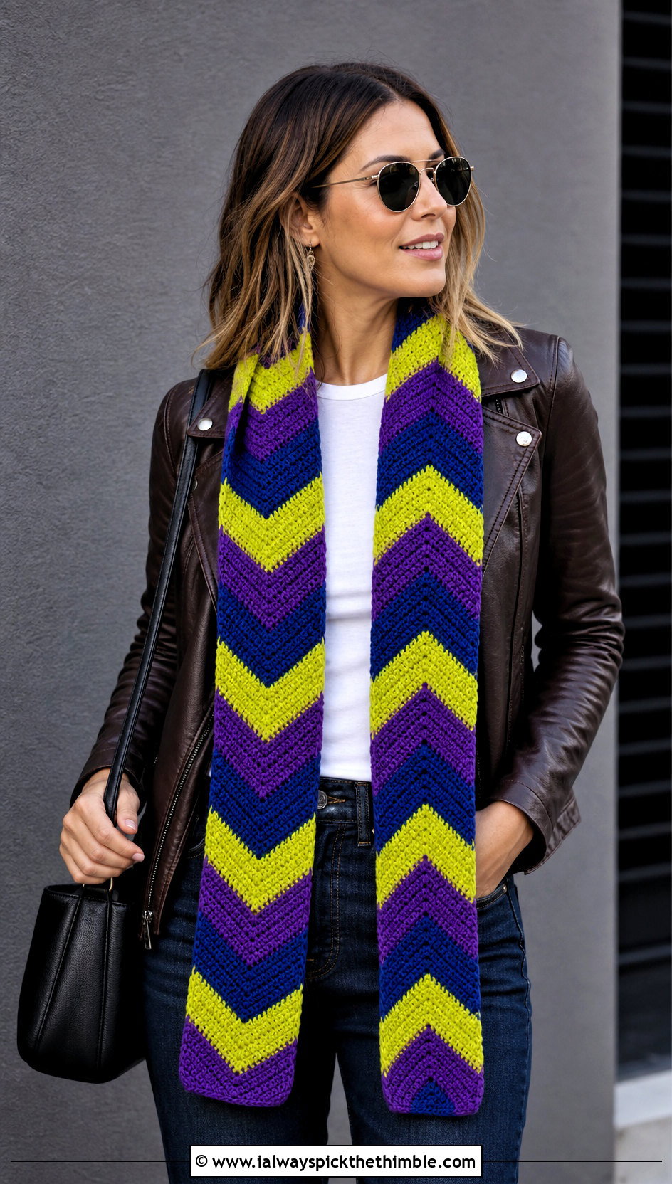 Chevron Temperature Scarf With Leather Jacket - 20 crochet temperature scarf outfit ideas