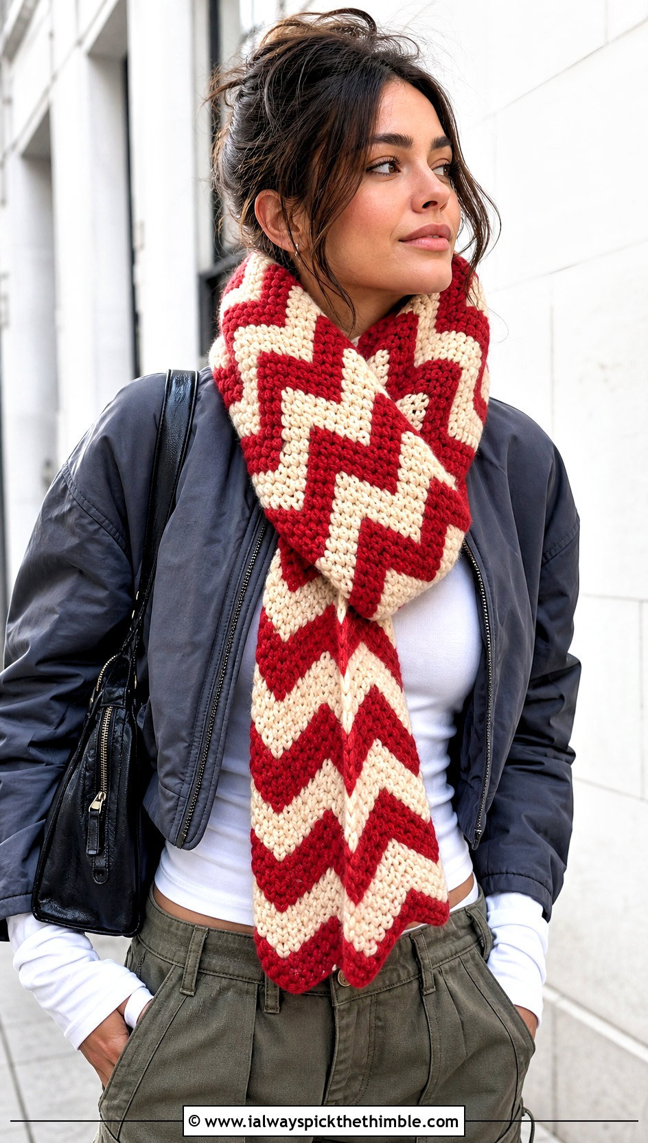 Chevron Thick Crochet Scarf With Cargo Pants - 15 Thick Crochet Scarf outfit ideas
