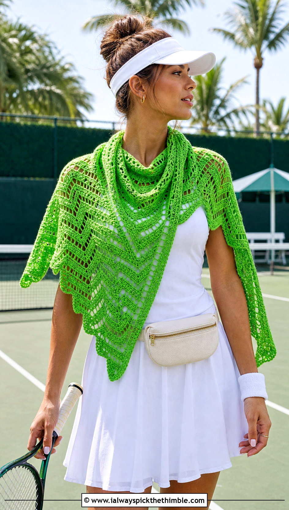 Chevron Triangle Crochet Shawl With Tennis Dress - 20 Light Weight Crochet Shawl outfit ideas