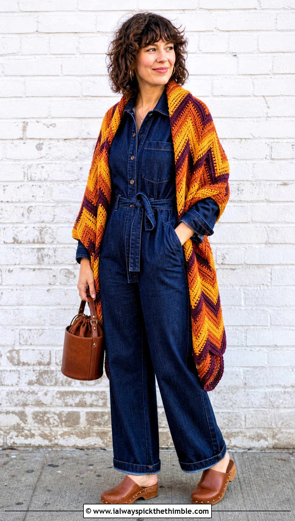 Chevron Tunisian Shawl With Denim Jumpsuit - 25 tunisian crochet shawl outfit ideas