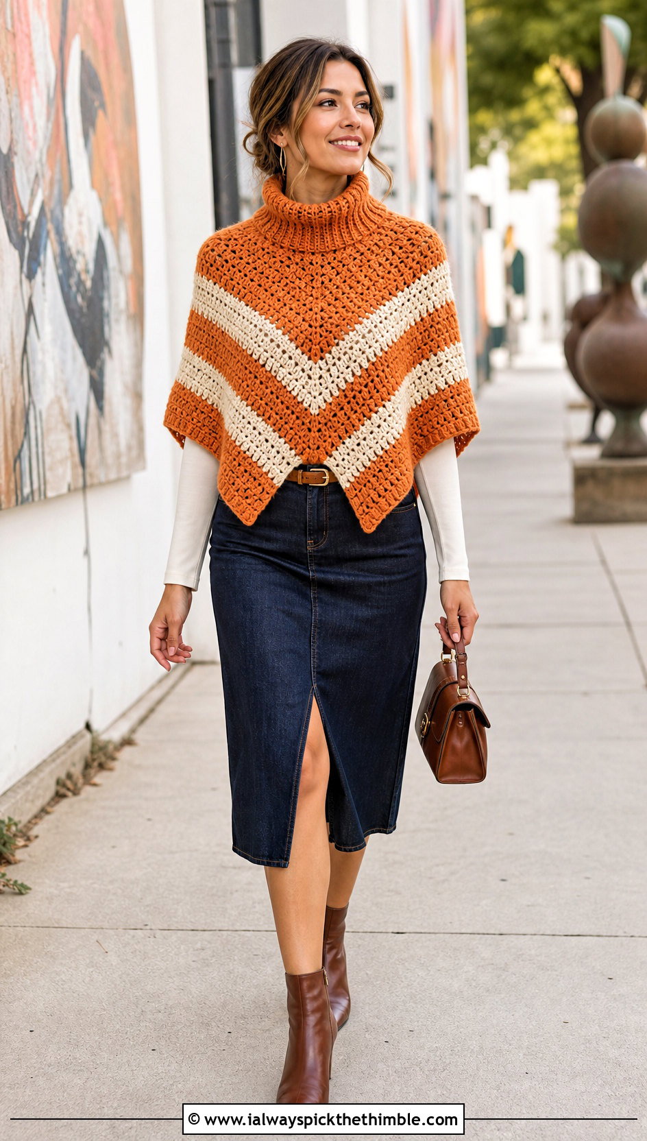 Chevron Turtle Neck Crochet Poncho With Denim Midi Skirt - 20 Turtle Neck Crochet Poncho outfit ideas