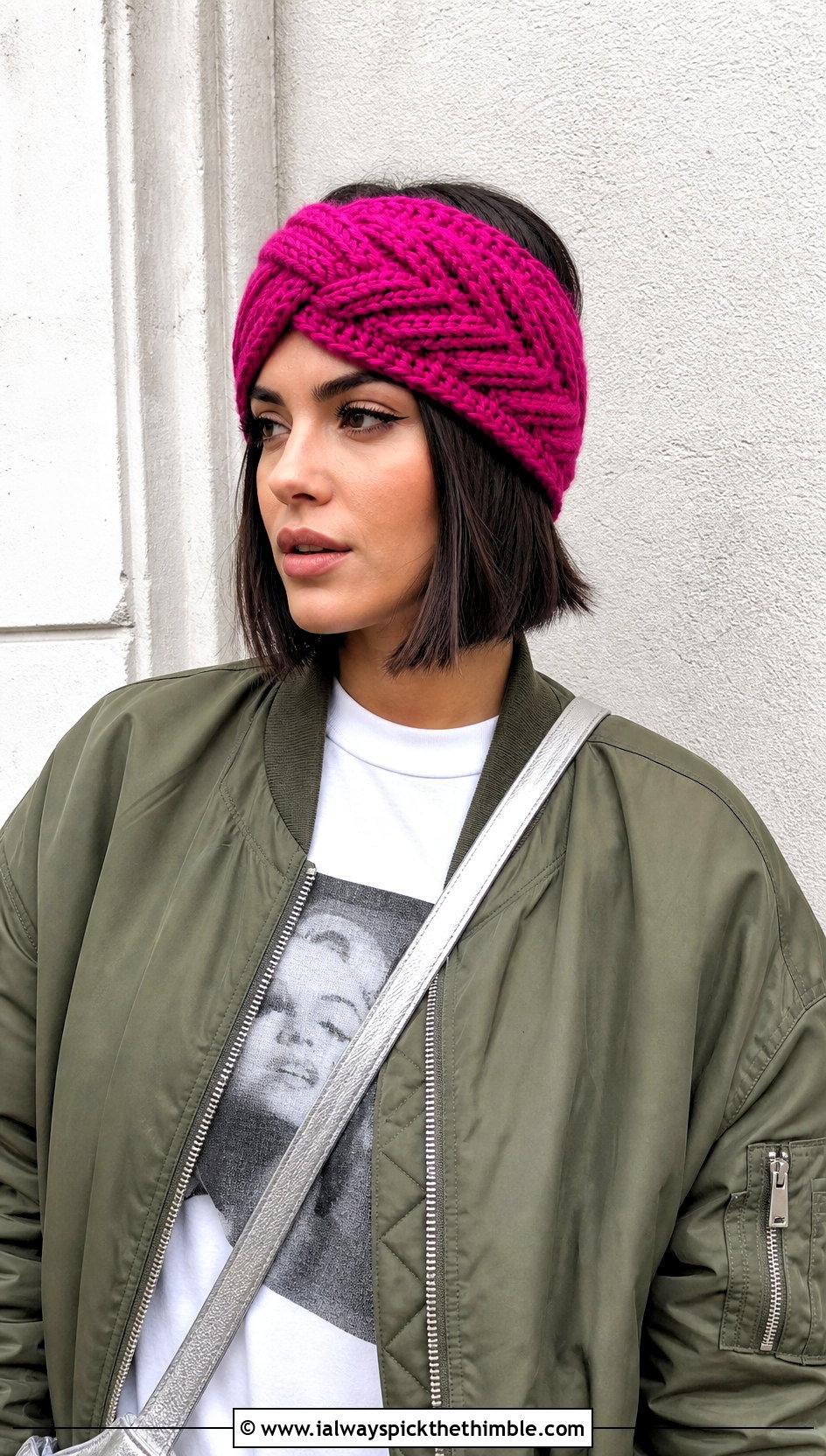 Chevron Twist Crochet Ear Warmer With Bomber Jacket - 20 twist crochet ear warmer outfit ideas