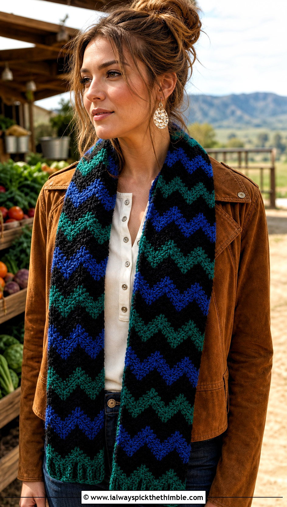 Chevron Variegated Crochet Scarf With Western Denim Outfit - 20 Variegated Yarn Crochet Scarf outfit ideas
