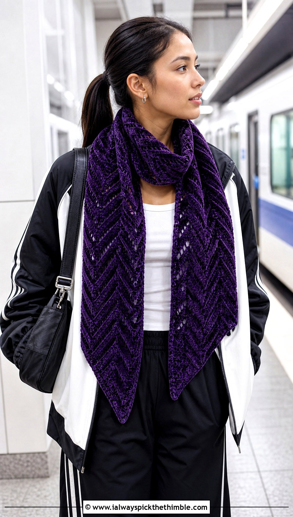 Chevron Velvet Crochet Scarf With Track Jacket - 20 Velvet Crochet Scarf outfit ideas