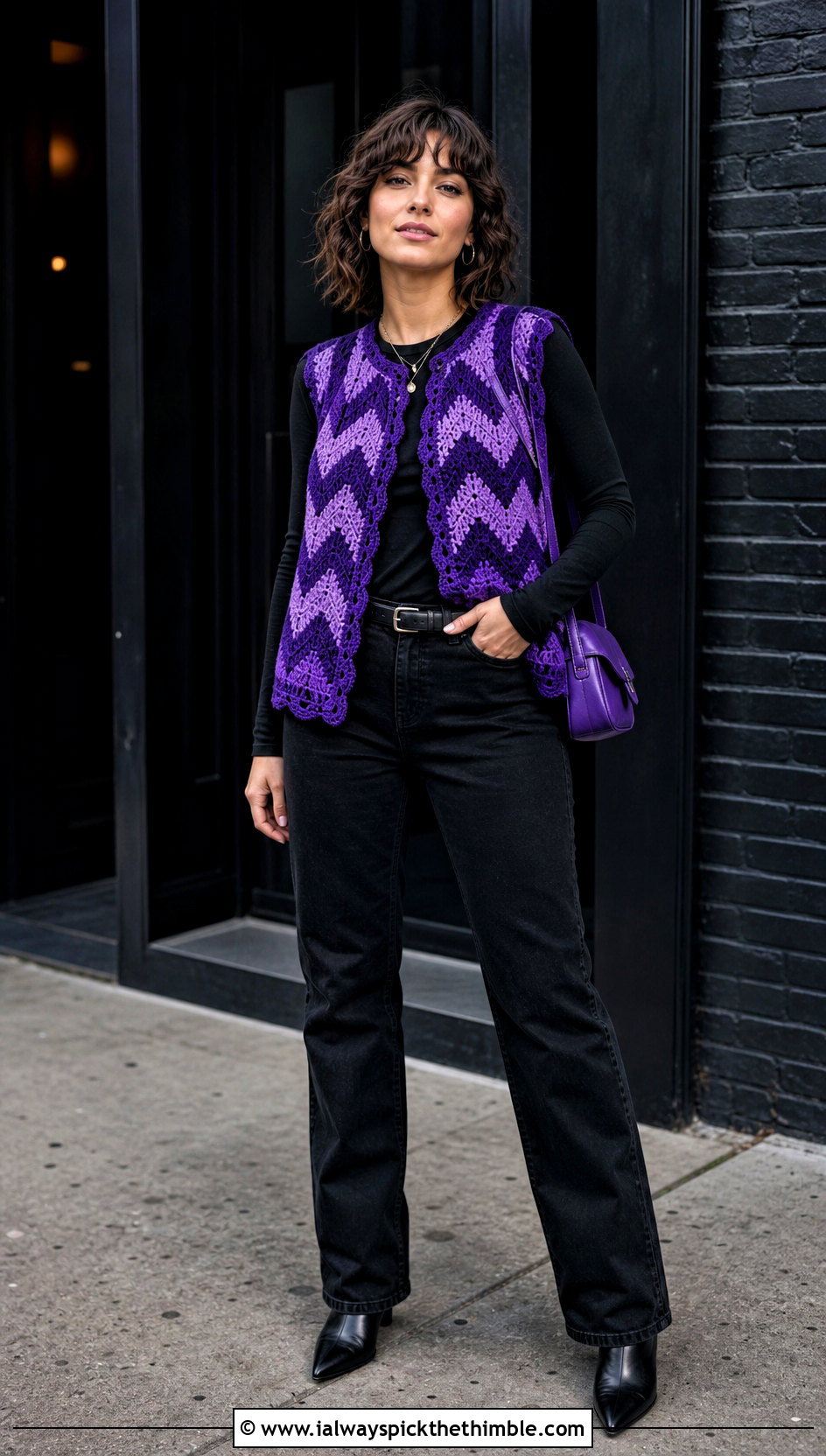 Chevron Vintage Crochet Vest With Black Jeans - 20 Vintage Crochet Vest outfit ideas