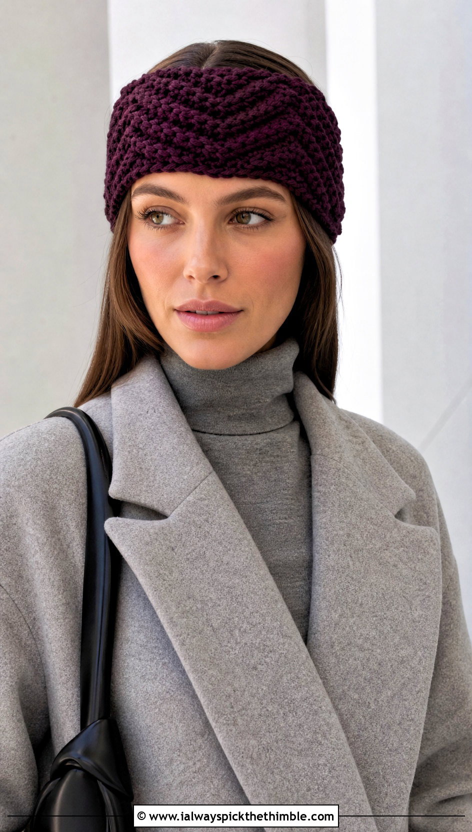 Chevron Wool Ease Thick And Quick Crochet Headband With Monochrome Coat - 15 wool ease thick and quick crochet headband outfit ideas