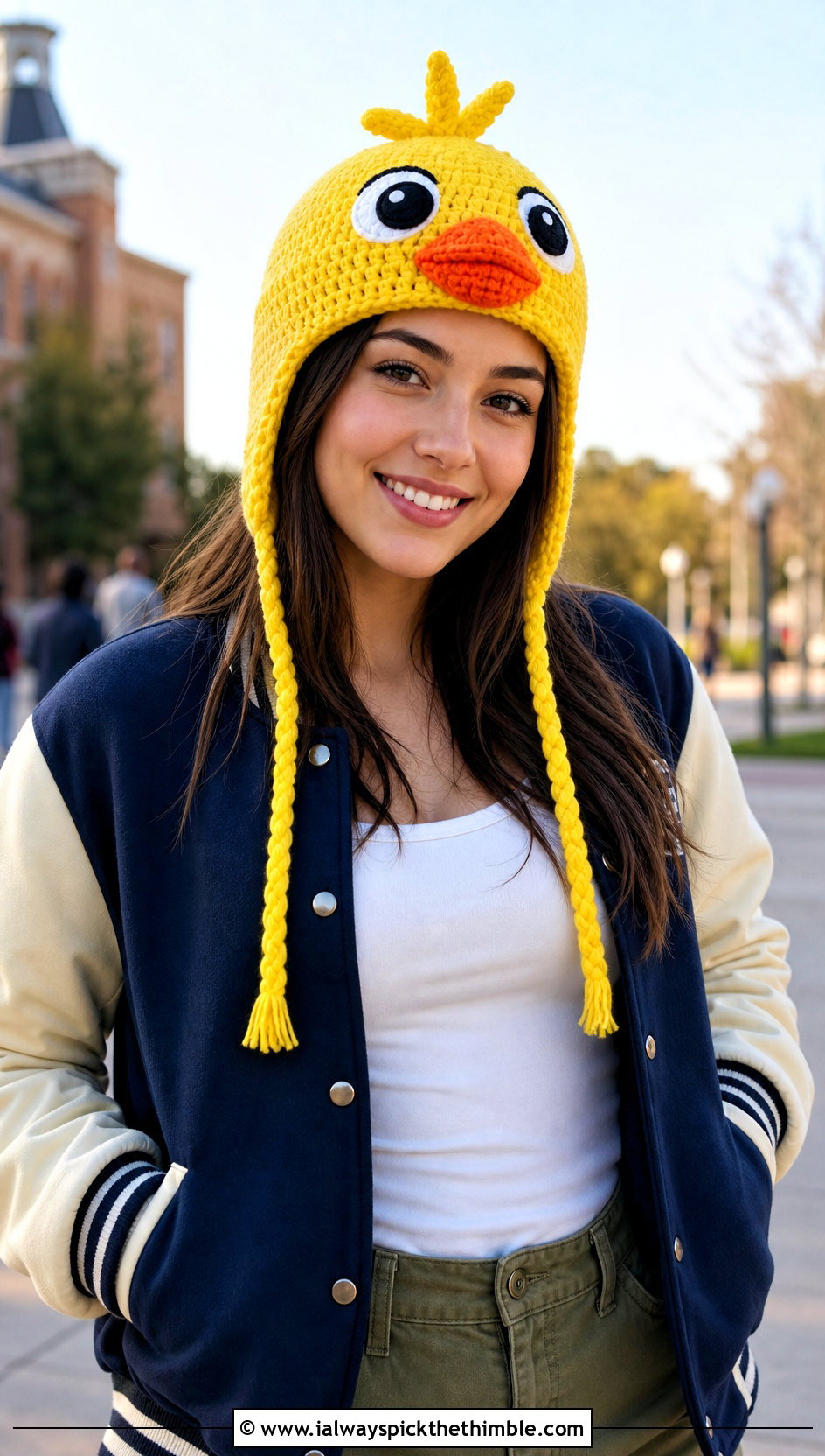 Chica Chicken Earflap Hat With Varsity Jacket And Cargo Pants - 20 fnaf crochet hat outfit ideas
