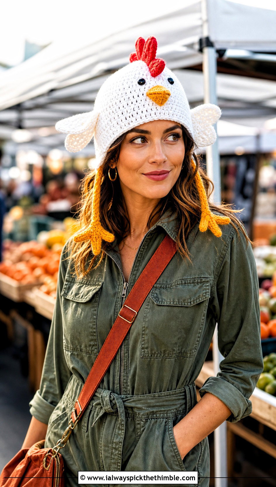 Chicken Crochet Hat With A Utility Jumpsuit - 20 crochet funny hats outfit ideas