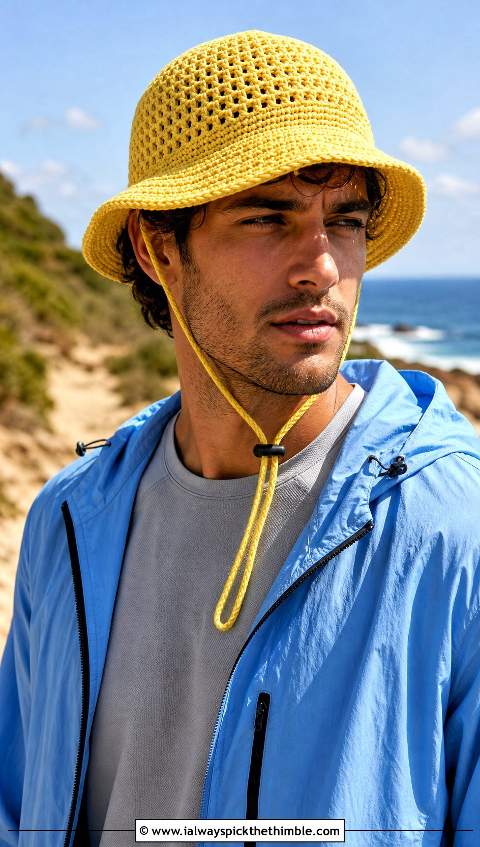 Chin Cord Crochet Bucket Hat With Windbreaker And Hiking Pants - 25 men crochet bucket hat outfit ideas