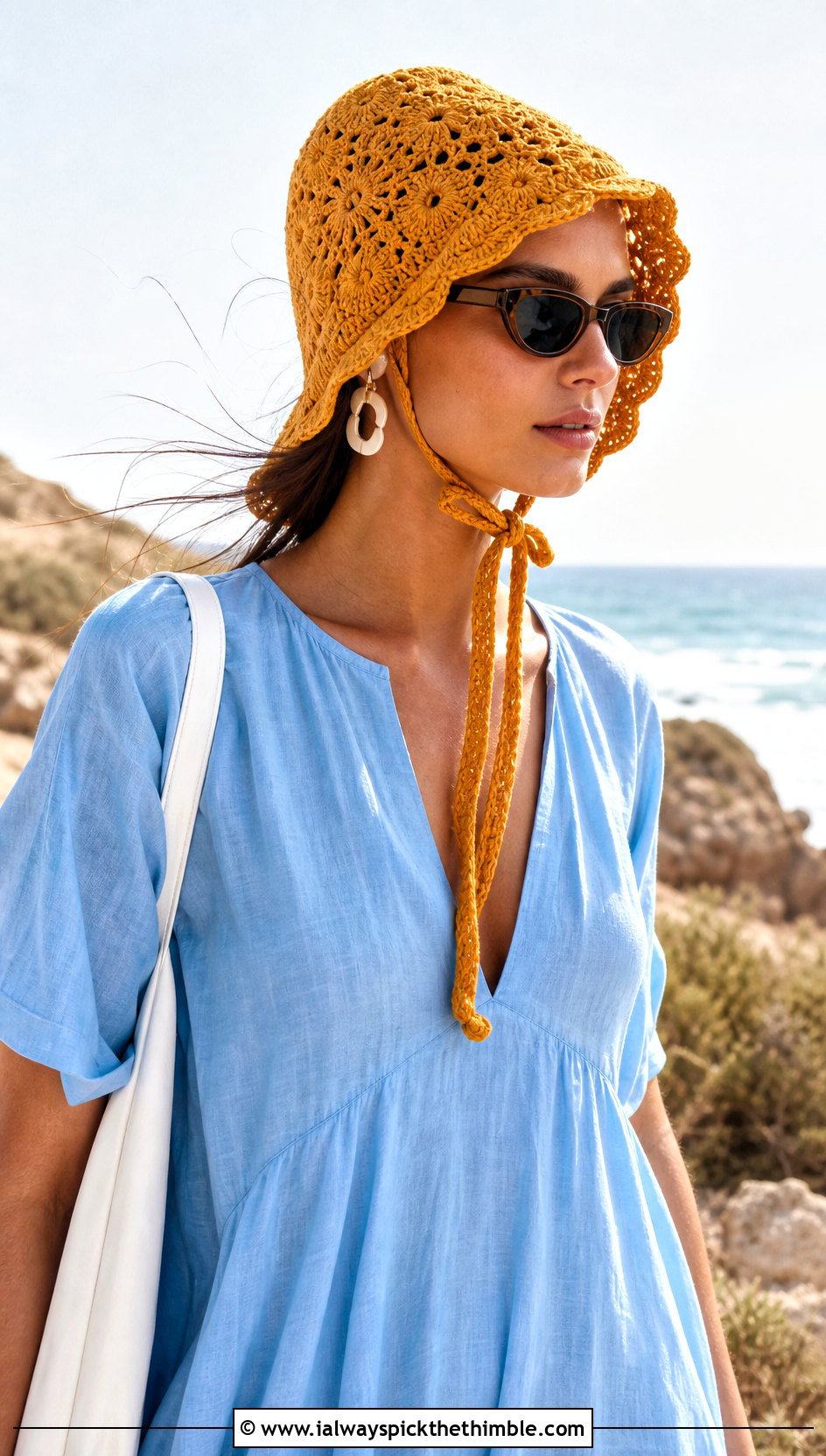 Chin Tie Crochet Beach Hat With Linen Maxi Dress - 20 crochet beach hat outfit ideas