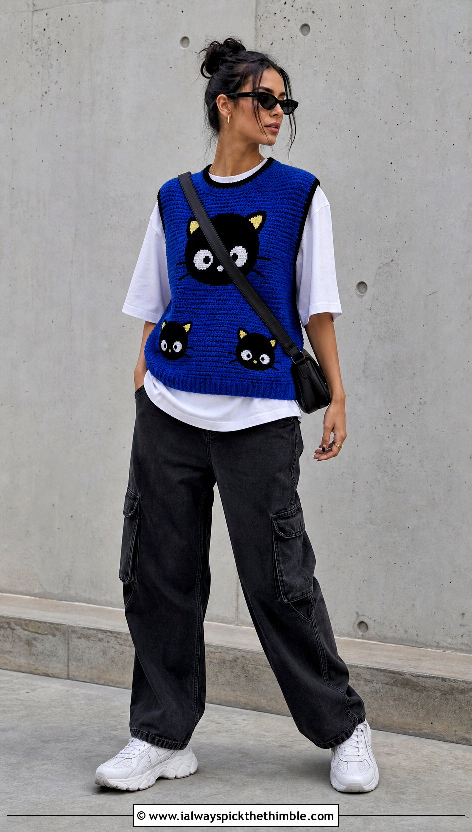 Chococat Crochet Sweater Vest With Cargo Pants - 20 Sanrio Crochet Clothes and outfit ideas