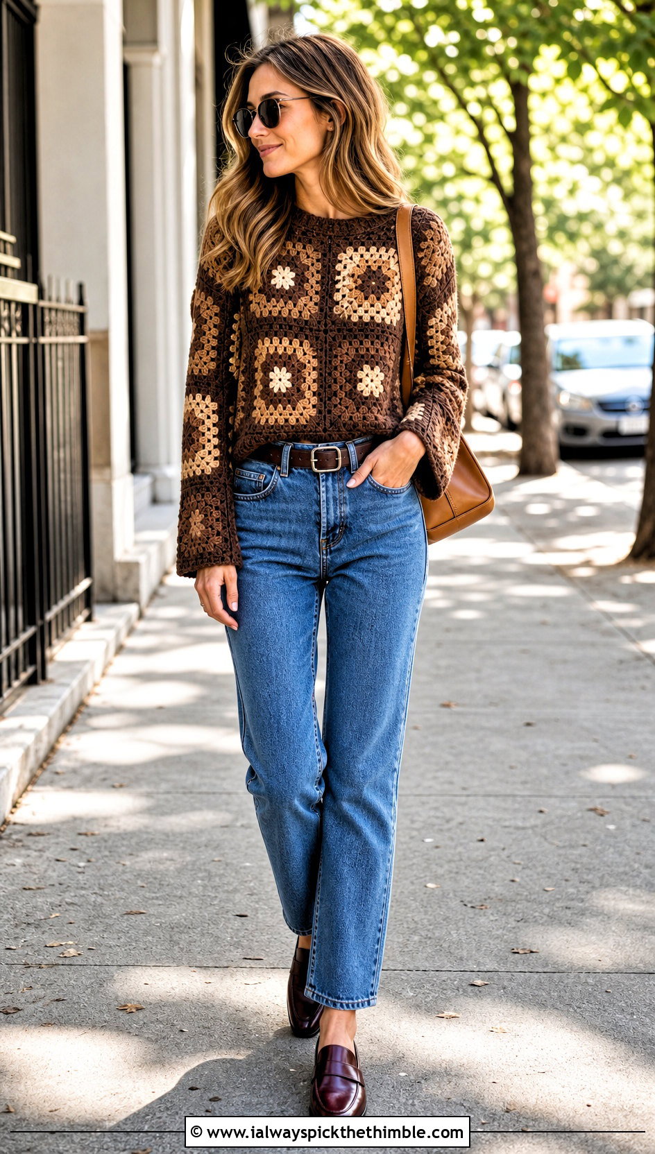 Chocolate Brown Granny Square Crochet Sweater With Straight Leg Jeans - 15 Brown Crochet Sweater Design outfit ideas