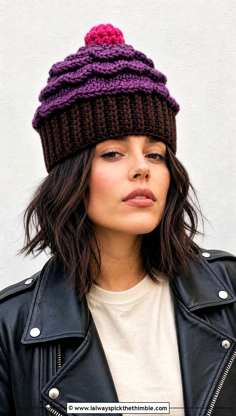 Chocolate Crochet Cupcake Hat With Leather Jacket - 20 crochet cupcake hat outfit ideas
