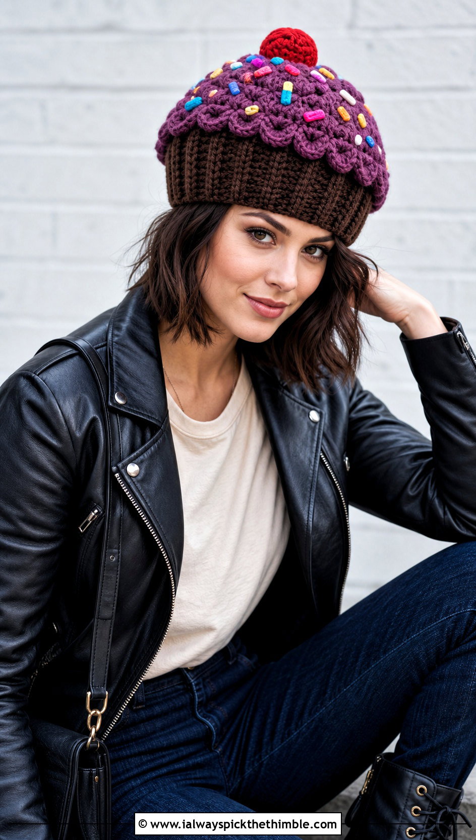 Chocolate Cupcake Crochet Hat With Leather Jacket - 20 cupcake crochet hat outfit ideas