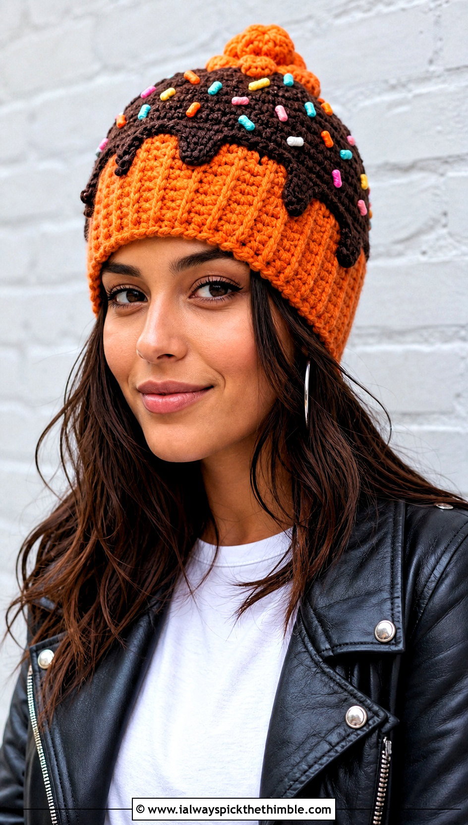 Chocolate Drip Crochet Cupcake Beanie With Leather Jacket - 15 Crochet Cupcake Beanie outfit ideas