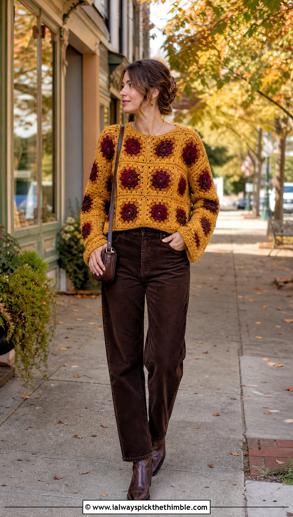 Chrysanthemum Granny Square Sweater With Corduroy Pants - 20 flower granny square sweater outfit ideas