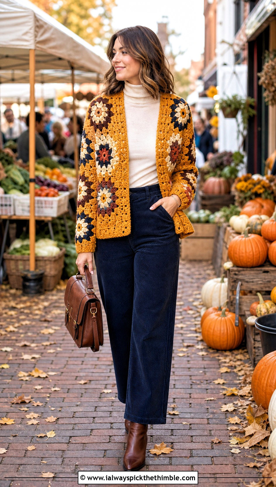 Chunky African Flower Granny Square Cardigan With Corduroy Pants - 20 african flower granny square cardigan outfit ideas