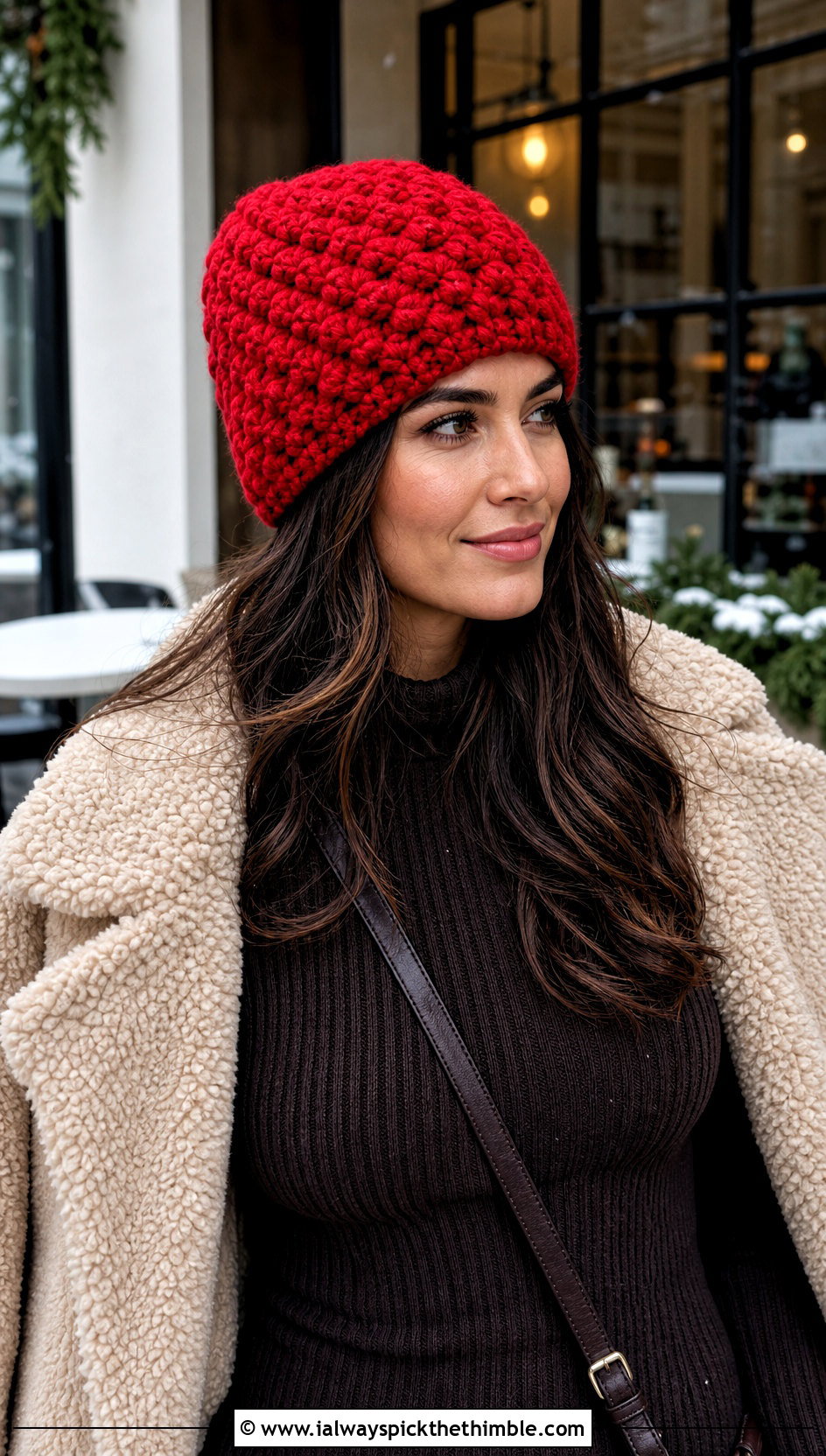 Chunky Alpine Stitch Beanie With Teddy Coat And Knit Dress - 15 Alpine Stitch Crochet Hat outfit ideas