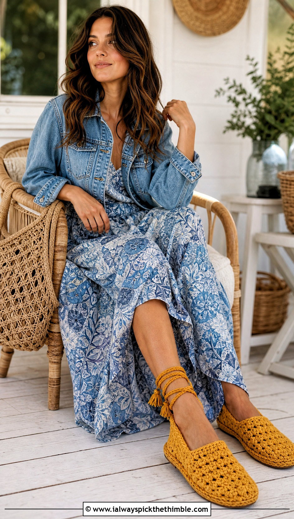 Chunky Ankle Tie Crochet Slippers With Boho Maxi Dress - 20 chunky crochet slippers outfit ideas