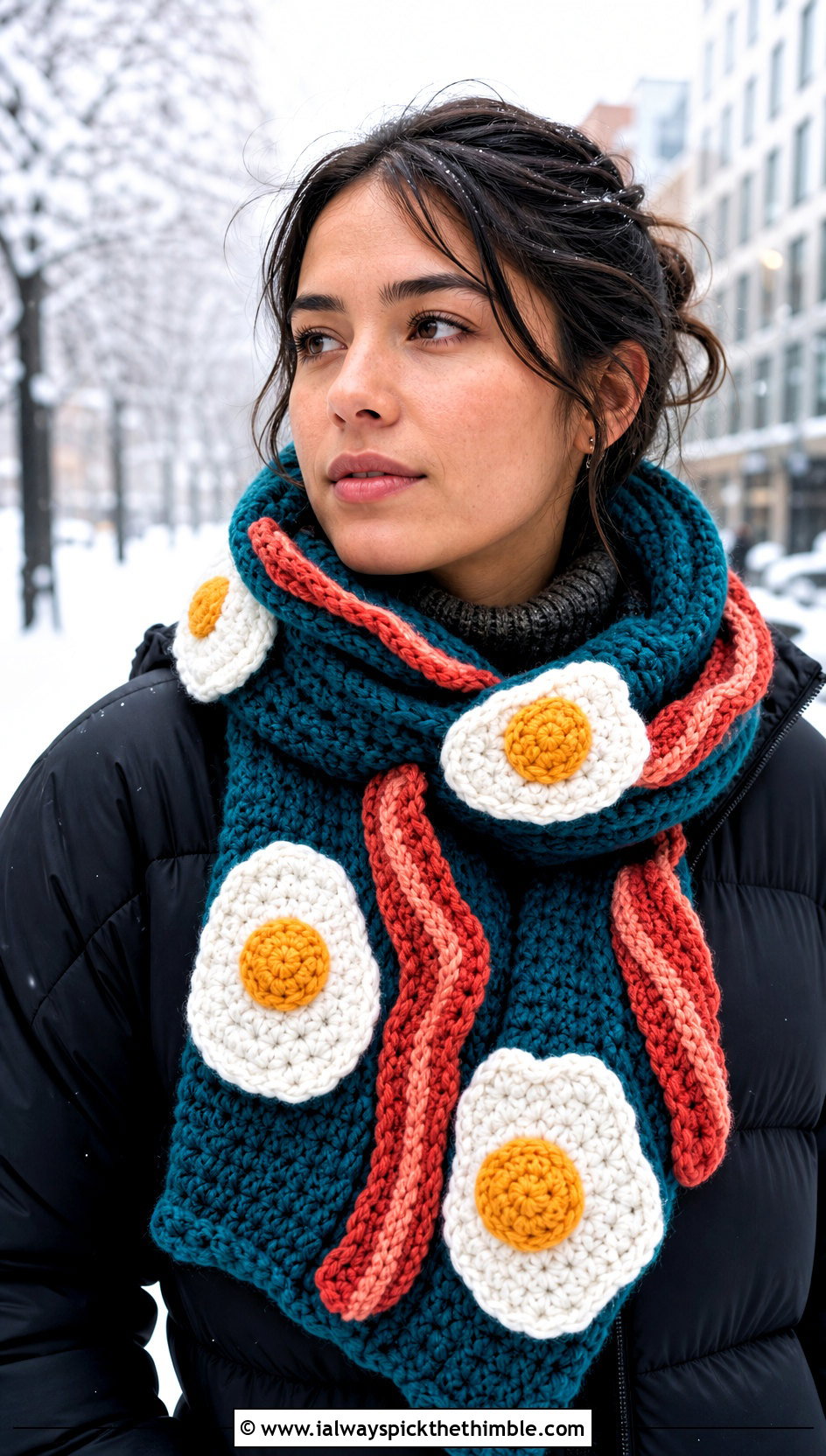 Chunky Bacon And Eggs Scarf With Puffer Coat - 20 Crochet Bacon And Eggs Scarf outfit ideas