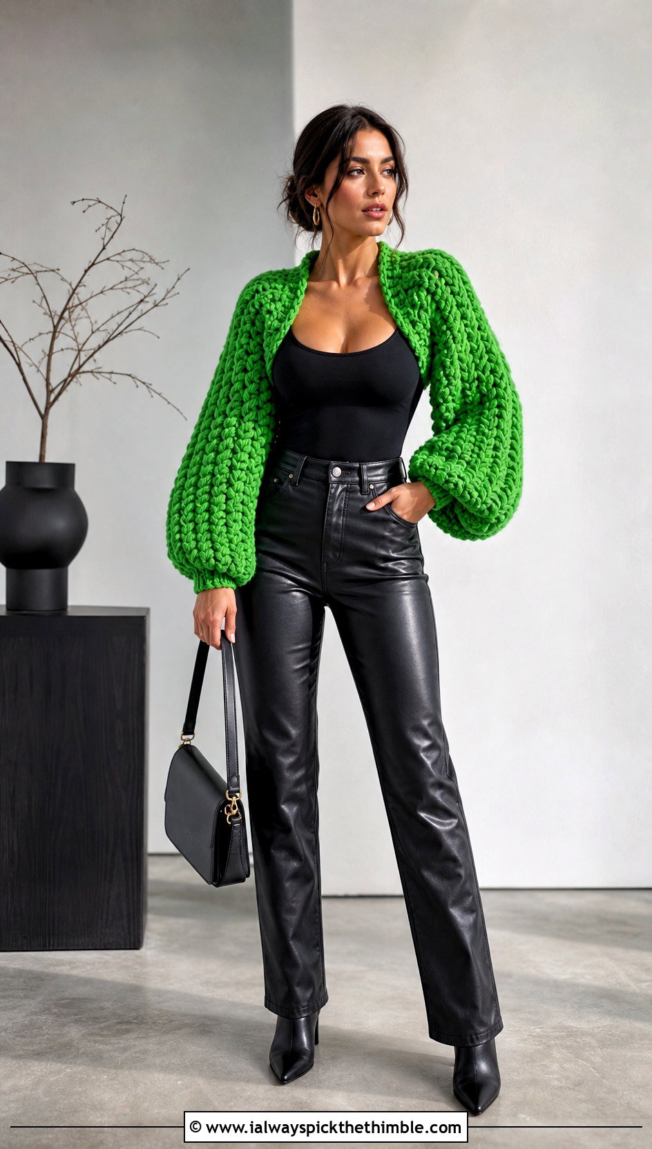 Chunky Balloon Sleeve Crochet Bolero Shrug With Leather Pants - 25 crochet bolero shrug outfit ideas