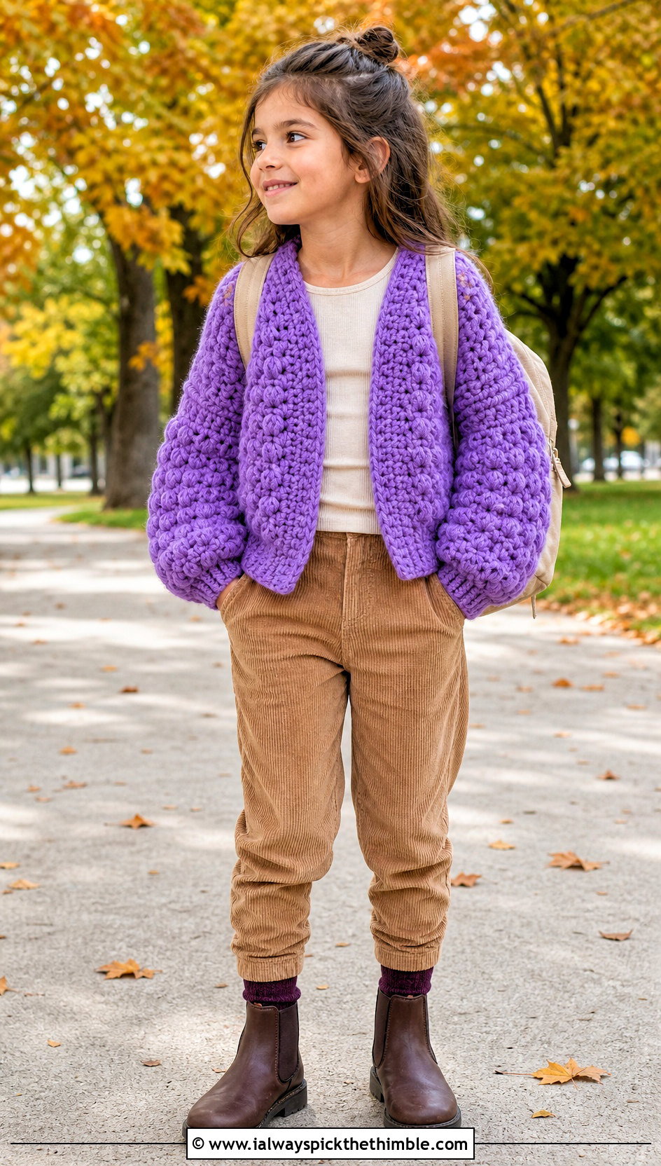 Chunky Balloon Sleeve Crochet Cardigan With Corduroy Pants - 20 Childs Crochet Cardigan outfit ideas