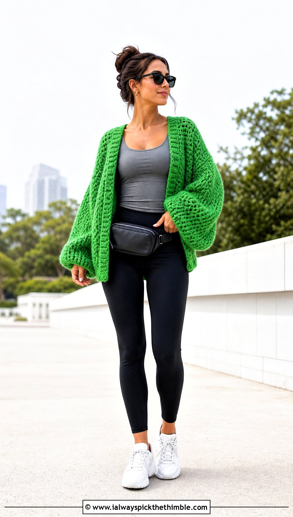 Chunky Balloon Sleeve Crochet Cardigan With Leggings - 25 crochet cardigans outfit ideas